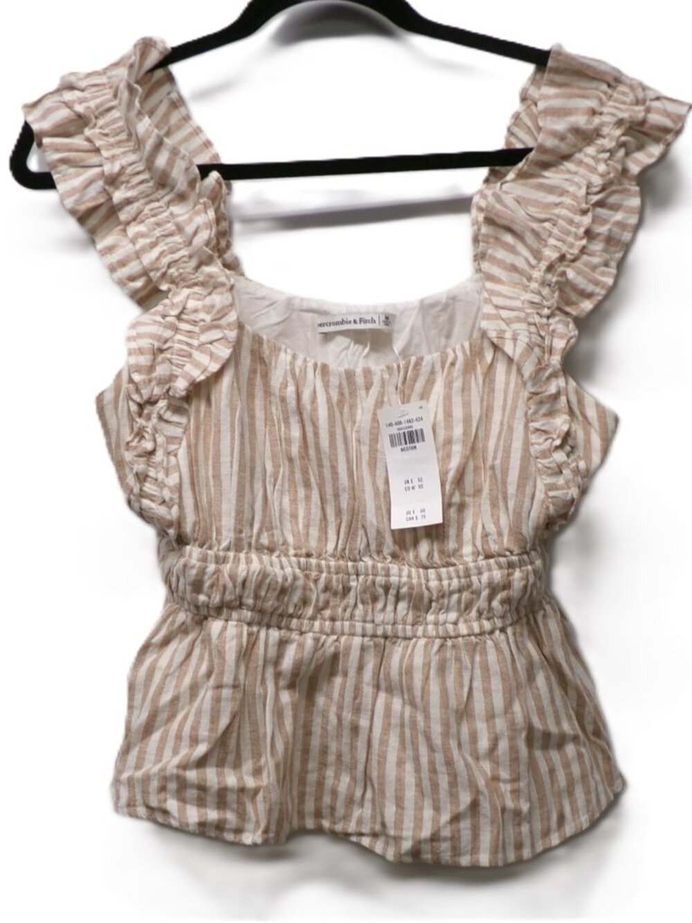 NWT AF Abercrombie & Fitch Linen Blend Ruffle Peplum Tank Top Tan Stripe sz M